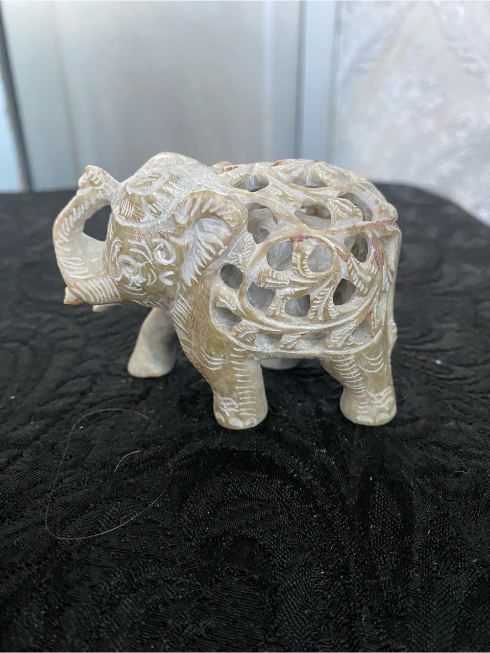 Carved Soap Stone 3.5” Elephant with Baby Inside Figurine Trunk is Up